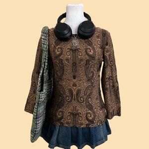 vintage 90s brown paisley boho whimsygoth grunge 3/4 sleeve stretchy top